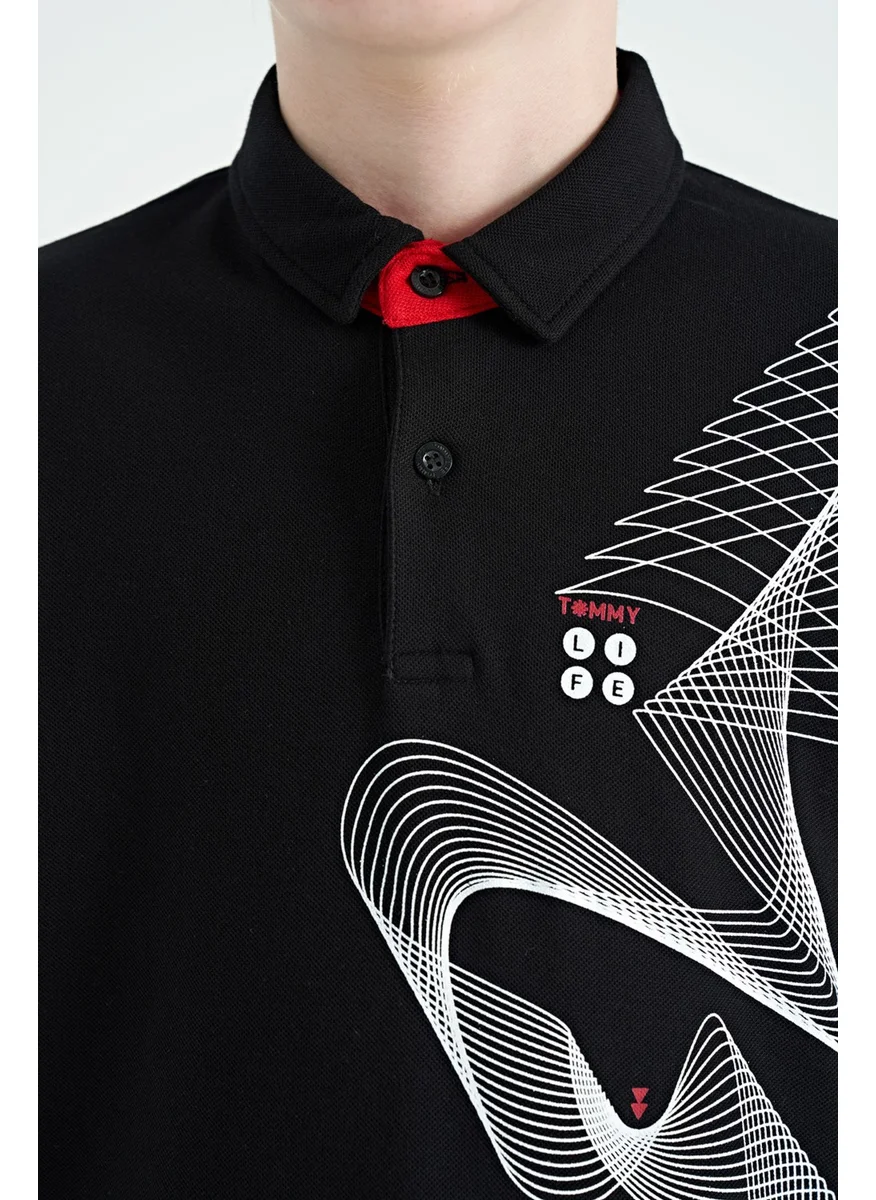 تومي لايف Black Printed Detailed Standard Size Polo Collar Boy T-Shirt - 11164