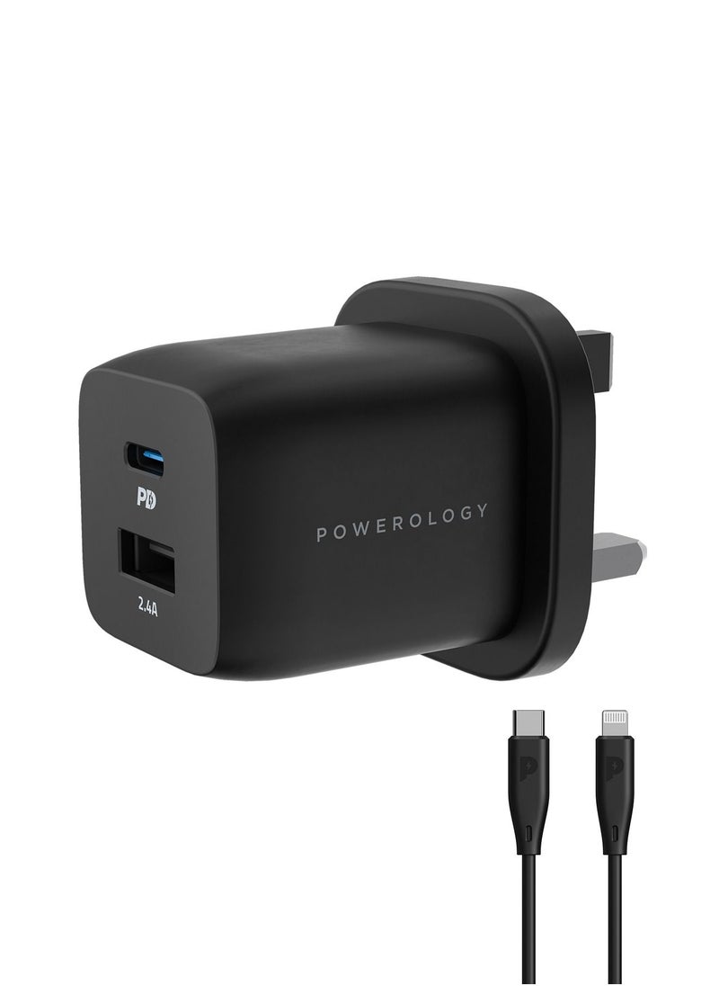 Powerology - GaN Charger Dual Port With 1.2m USB C to Lightning Cable / Fast Charging Support - Black - Image 1