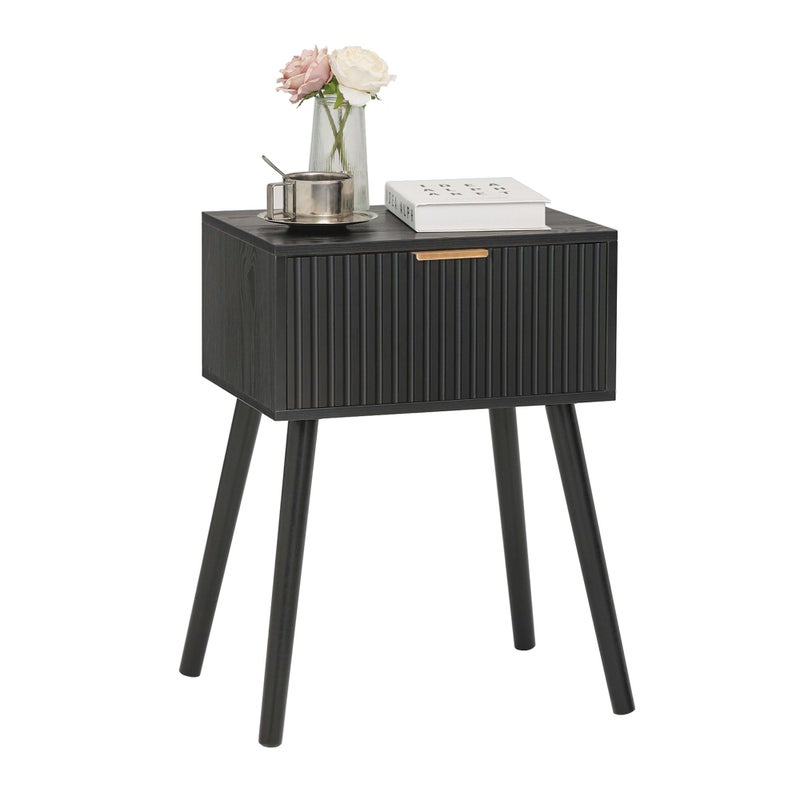 AWASEN Black Nightstand, Small End Tables Living Room, Accent Bedside Table with Fluted Drawer for Bedroom and Small Space, Black - Image 1