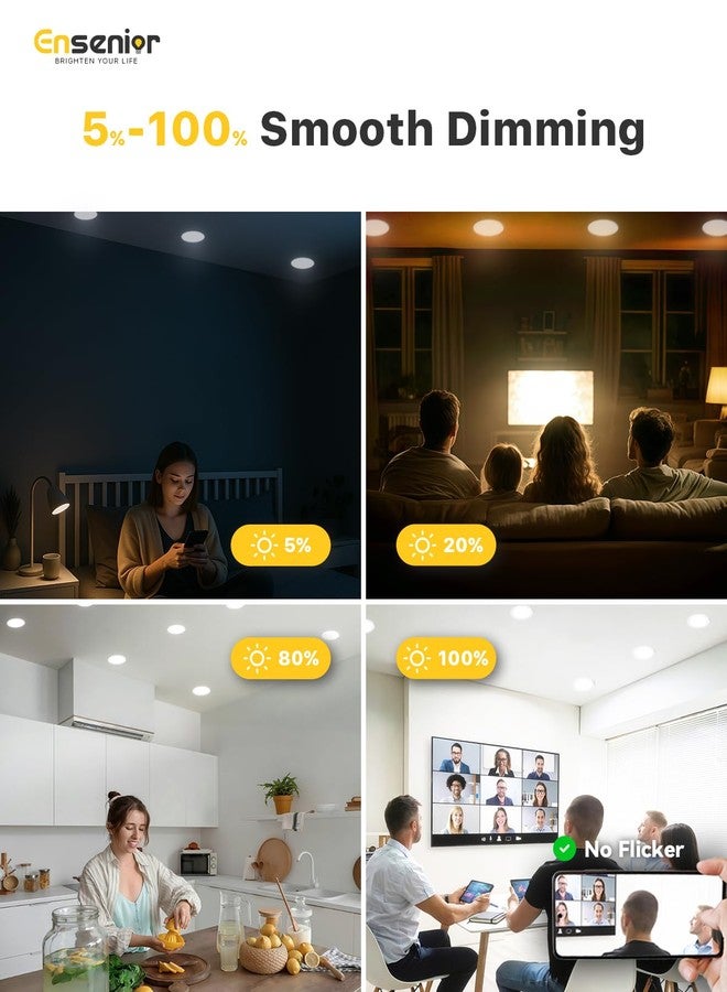 Ensenior 6 Pack 4 Inch LED Recessed Light, Dimmable, 2700K-5000K 5CCT, 750LM High Brightness, 9W 120V, Damp Rated, ERL-9X-ETL, Ultra-Thin Canless Wafer Ceiling Light - ETL & FCC & IC - Image 4