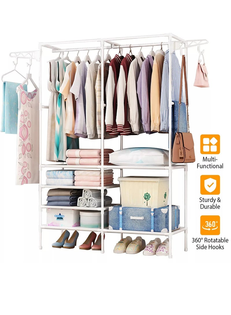 Clothes Rail with 6-Tier Storage Shelf 4 Hooks,Garment Rack,Heavy Duty Garment Clothes Rack Hanging Rail Cloth Rack Dryer Freestanding Wardrobe for Dressing Room or Bedroom (White) - Image 4