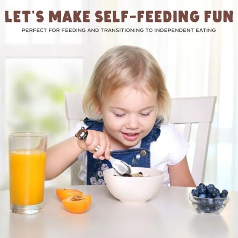 Stainless Steel Spoons Set, 2 Pcs Durable Cutlery with Cute Animal Handle Design Bear and Fox,Safe for Toddler Self-Feeding - Image 2