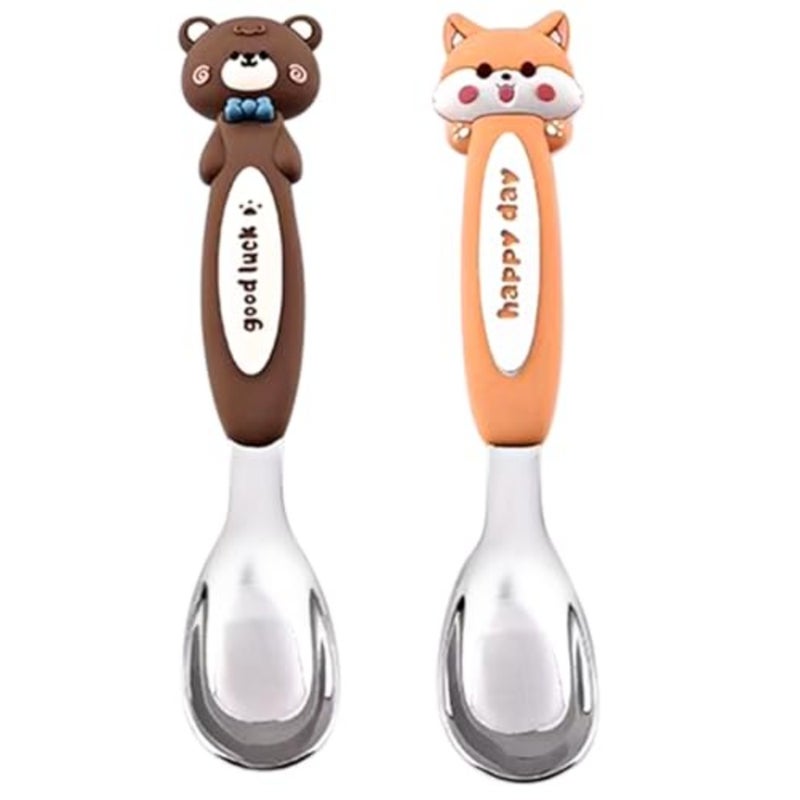 Stainless Steel Spoons Set, 2 Pcs Durable Cutlery with Cute Animal Handle Design Bear and Fox,Safe for Toddler Self-Feeding - Image 1