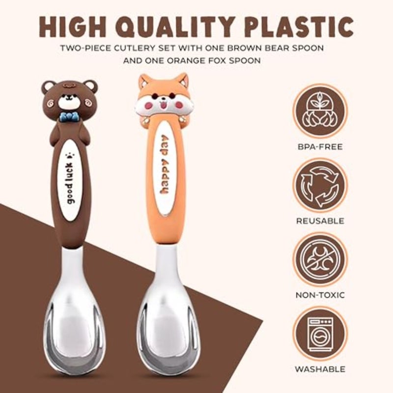 Stainless Steel Spoons Set, 2 Pcs Durable Cutlery with Cute Animal Handle Design Bear and Fox,Safe for Toddler Self-Feeding - Image 3
