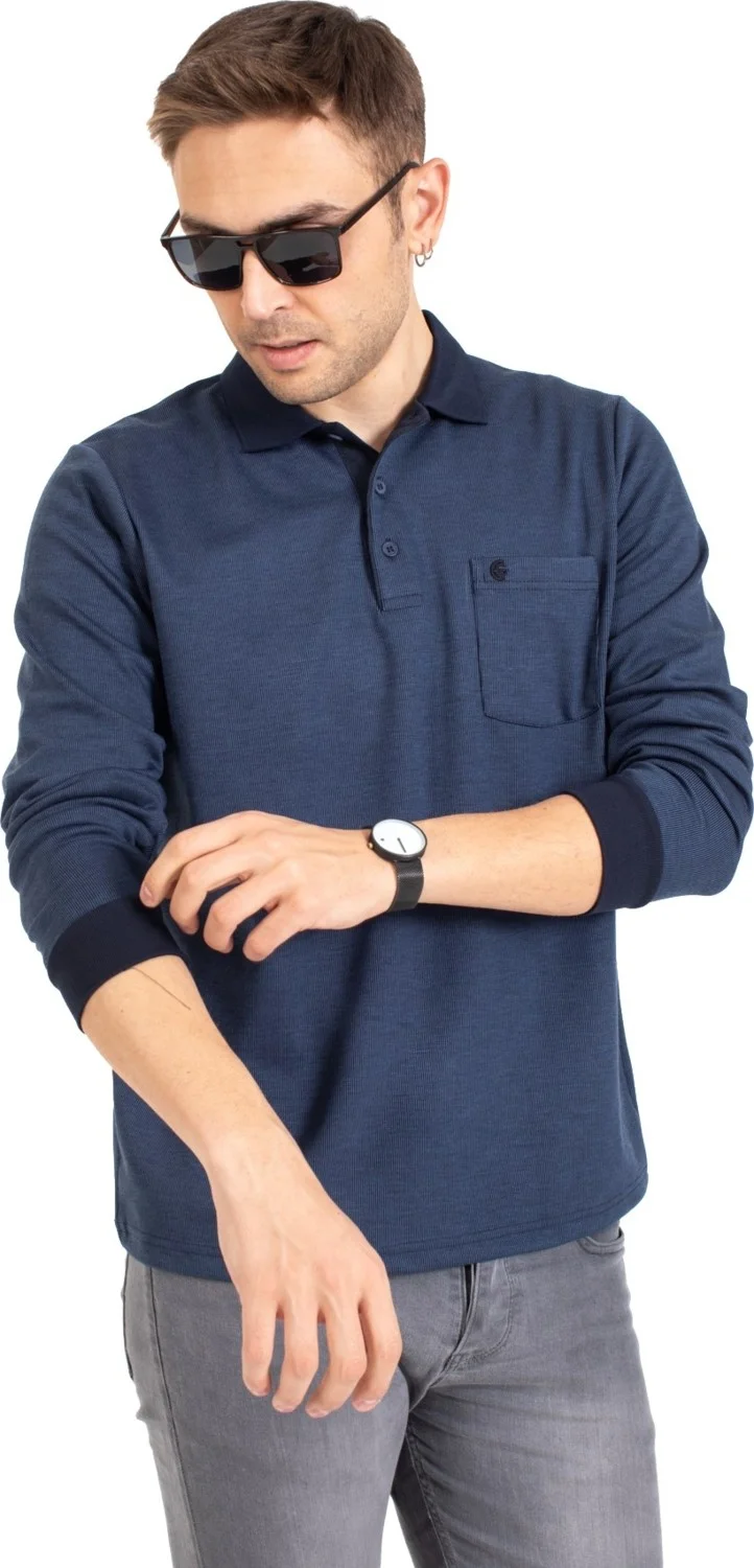 موتلو سيتي Men's Middle Age and Above Polo Collar Pocket Long Sleeve Ribbed Seasonal Sweatshirt 1219-Indigo