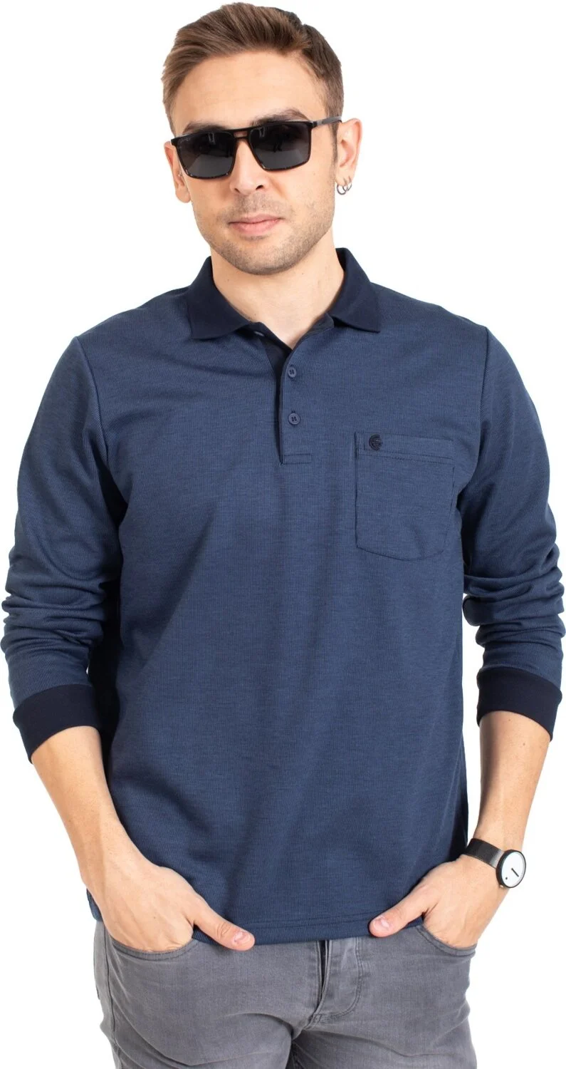 موتلو سيتي Men's Middle Age and Above Polo Collar Pocket Long Sleeve Ribbed Seasonal Sweatshirt 1219-Indigo