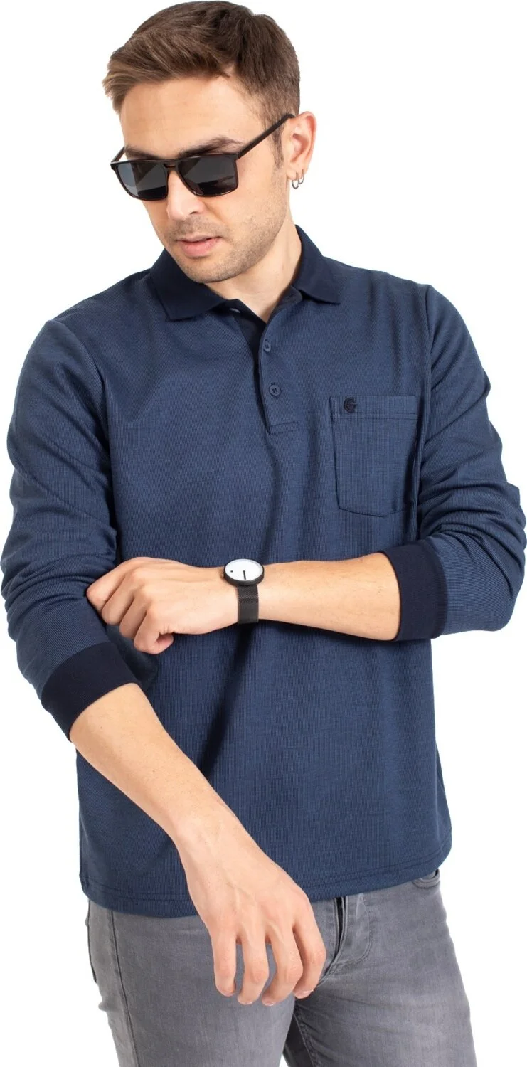 موتلو سيتي Men's Middle Age and Above Polo Collar Pocket Long Sleeve Ribbed Seasonal Sweatshirt 1219-Indigo
