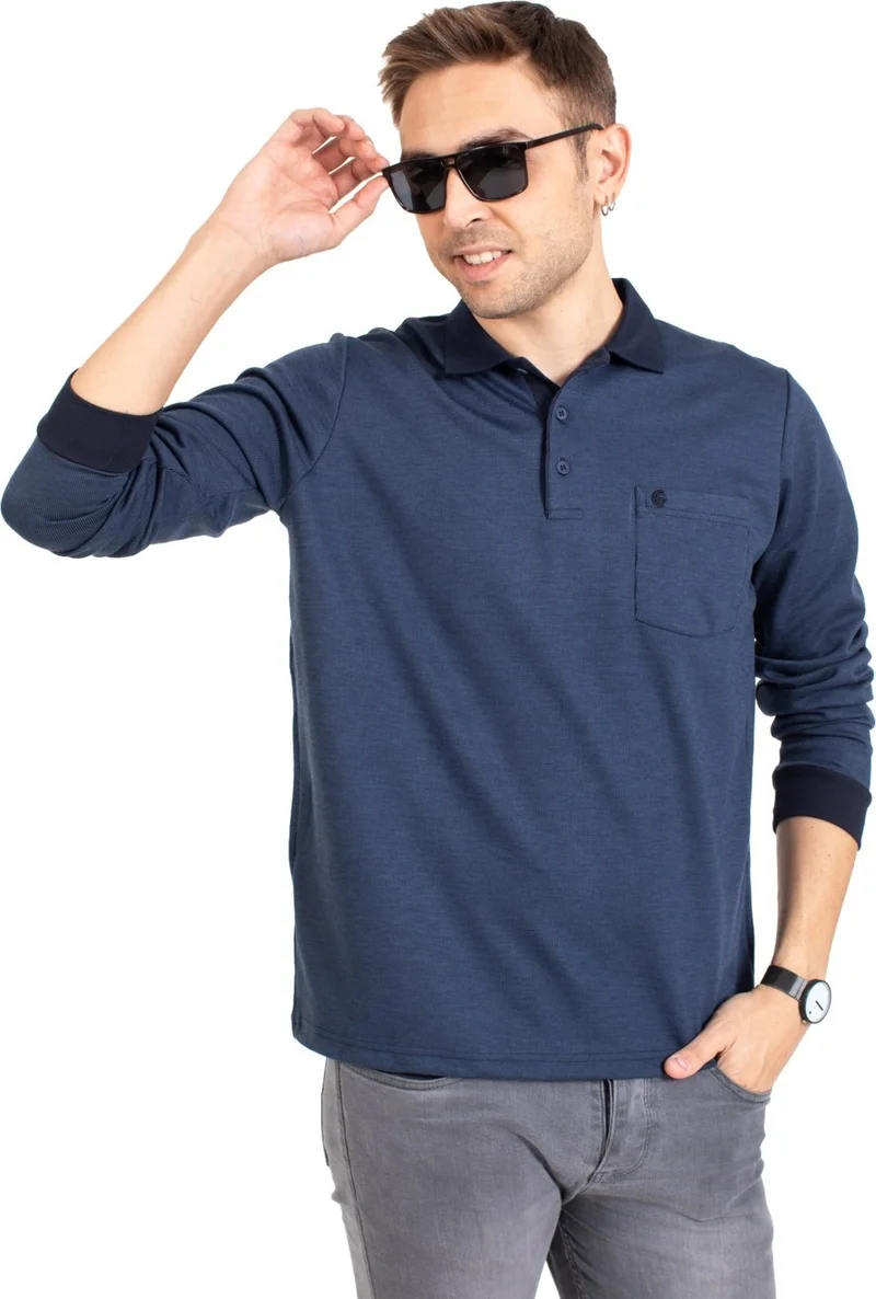 موتلو سيتي Men's Middle Age and Above Polo Collar Pocket Long Sleeve Ribbed Seasonal Sweatshirt 1219-Indigo