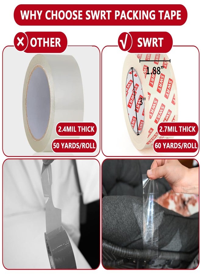 SWRT 2.7Mil Thick Ultra Clear Packing Tape, 12 Rolls Heavy Duty Packaging Tape with 2 Dispensers for Shipping Packaging Moving Mailing, Thicker Sealing Tape-1.88" x 60 Yards Per Roll, 720 Total Yards - Image 2