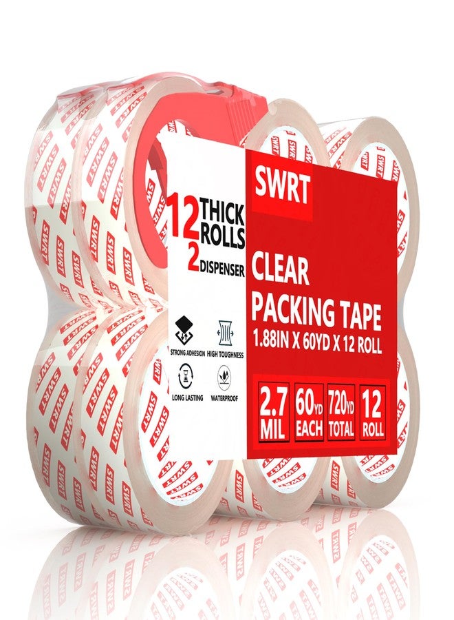 SWRT 2.7Mil Thick Ultra Clear Packing Tape, 12 Rolls Heavy Duty Packaging Tape with 2 Dispensers for Shipping Packaging Moving Mailing, Thicker Sealing Tape-1.88" x 60 Yards Per Roll, 720 Total Yards - Image 1