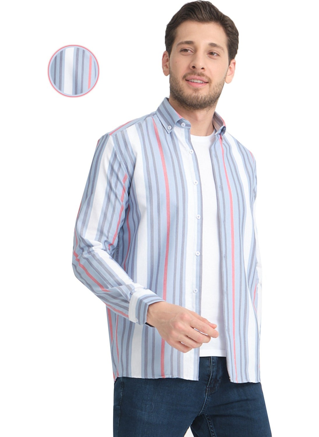 Men's Blue White Striped Pocketless Linen Effect Oxford Wide Cut Long Sleeve Shirt - pzsku/Z18F1B512A53924C6161CZ/45/_/1725352761/9cde3caa-b8c2-4b9f-a0ea-98c8b399fb4e