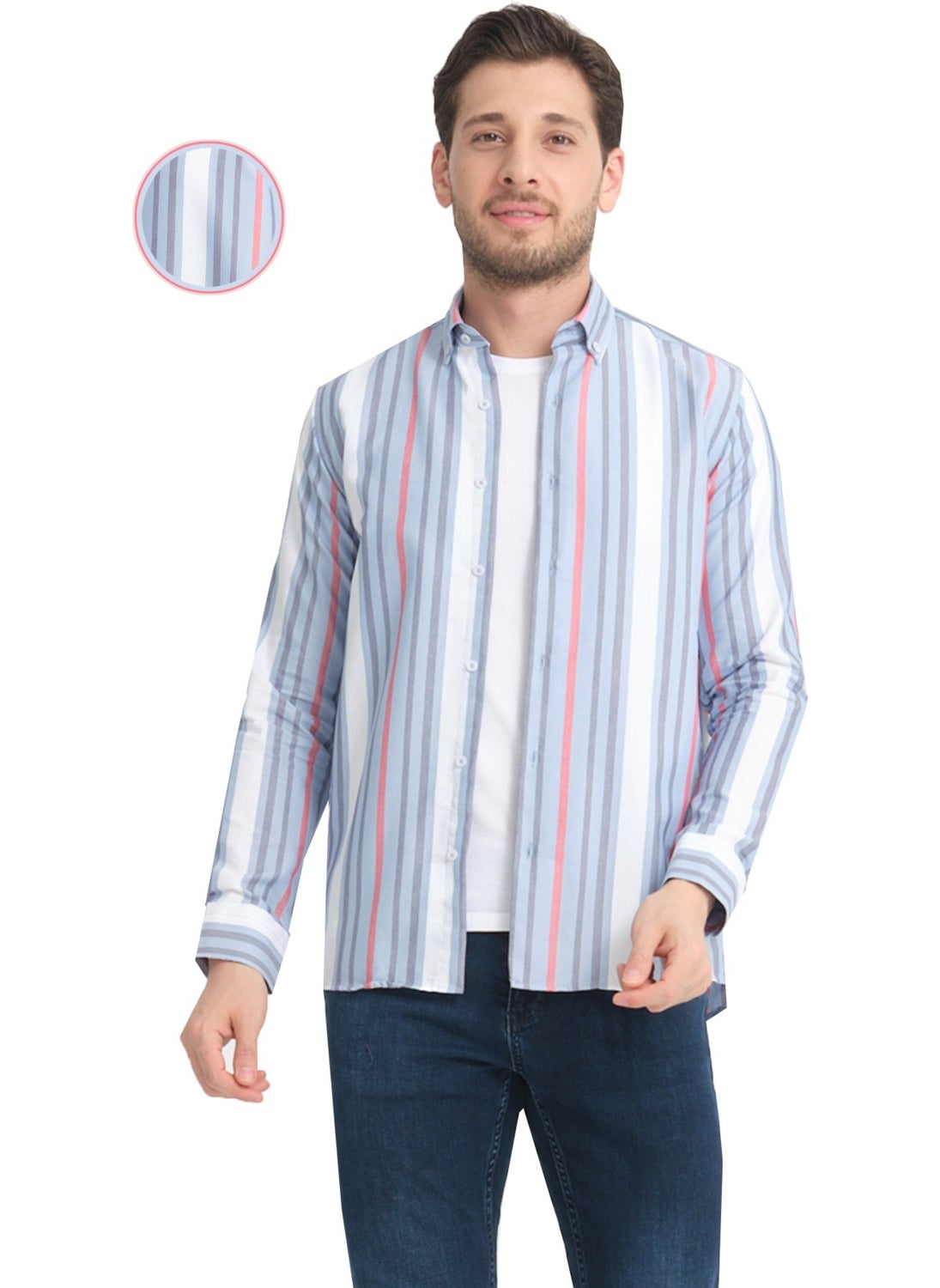 Men's Blue White Striped Pocketless Linen Effect Oxford Wide Cut Long Sleeve Shirt - pzsku/Z18F1B512A53924C6161CZ/45/_/1725352765/682a36d4-e0bd-4e92-a49b-5e689928a301