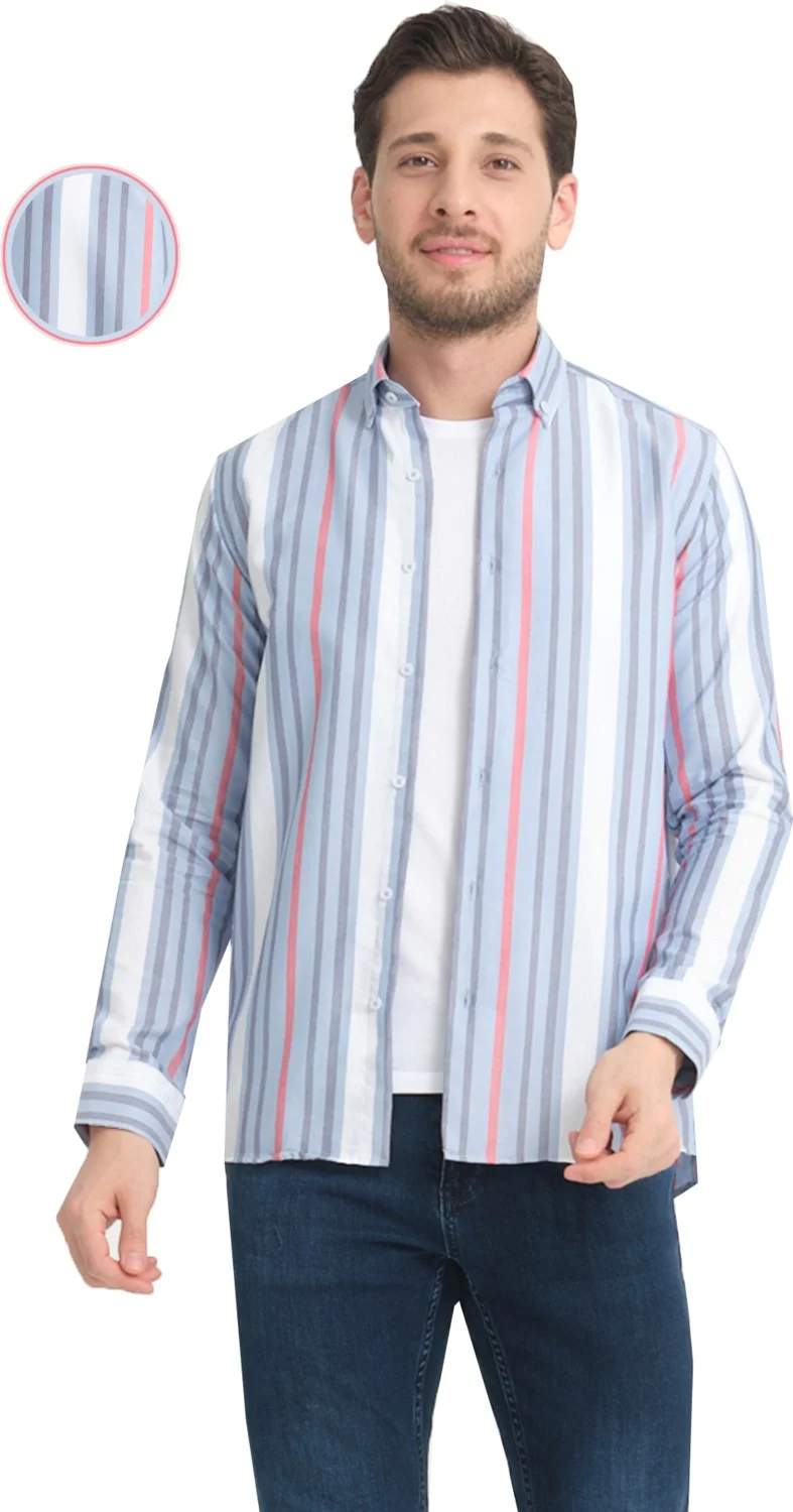 فاريتا Men's Blue White Striped Pocketless Linen Effect Oxford Wide Cut Long Sleeve Shirt