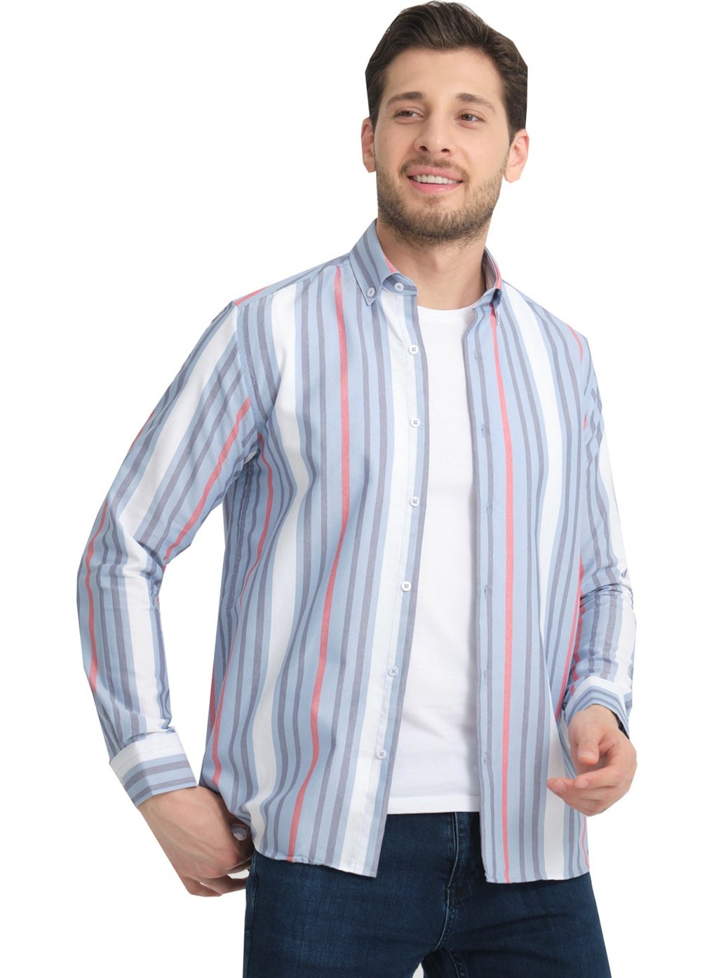 Men's Blue White Striped Pocketless Linen Effect Oxford Wide Cut Long Sleeve Shirt - pzsku/Z18F1B512A53924C6161CZ/45/_/1728060067/0b82e47b-0dcb-4ecd-8530-7ba7597e493c