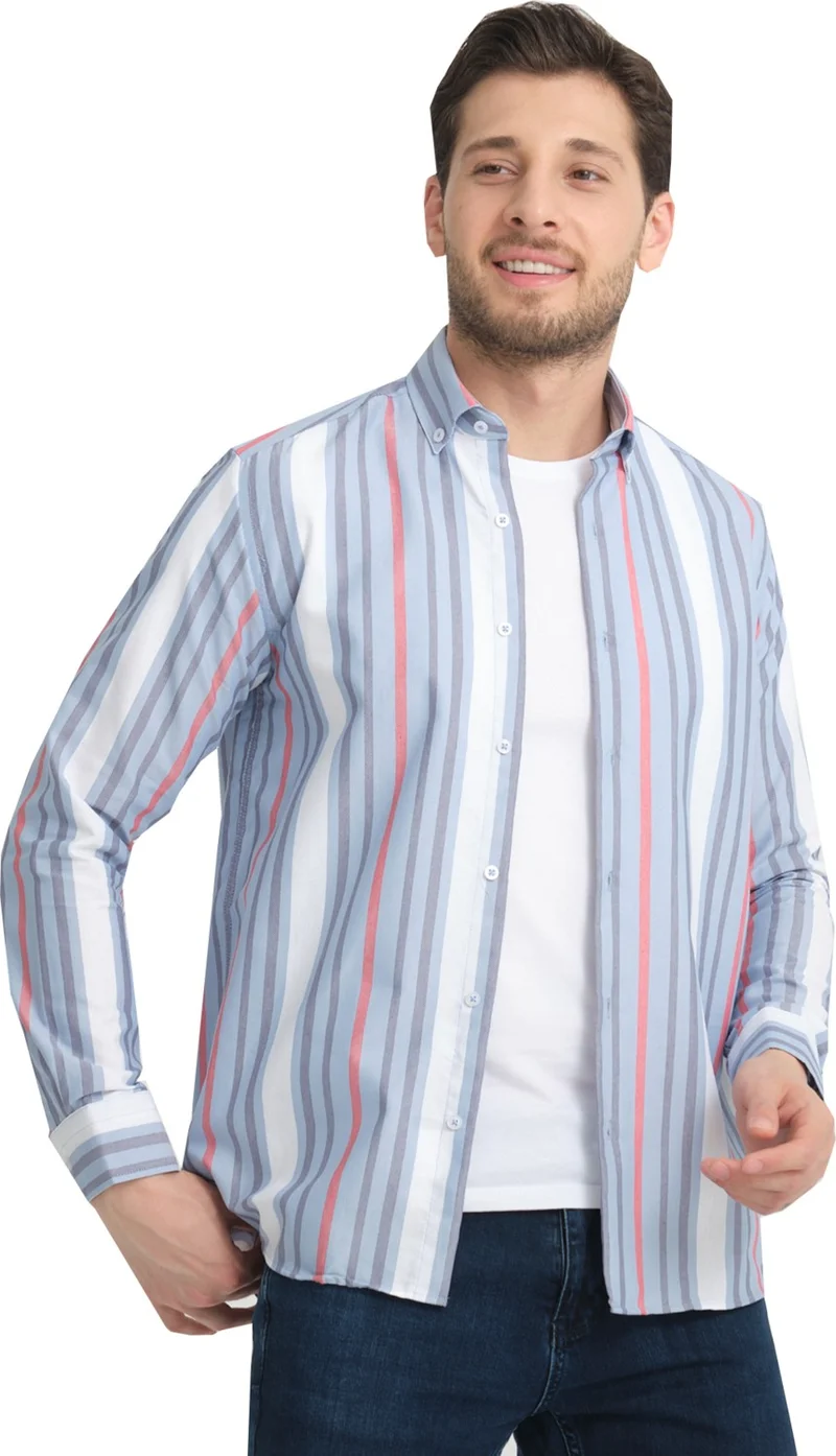 فاريتا Men's Blue White Striped Pocketless Linen Effect Oxford Wide Cut Long Sleeve Shirt