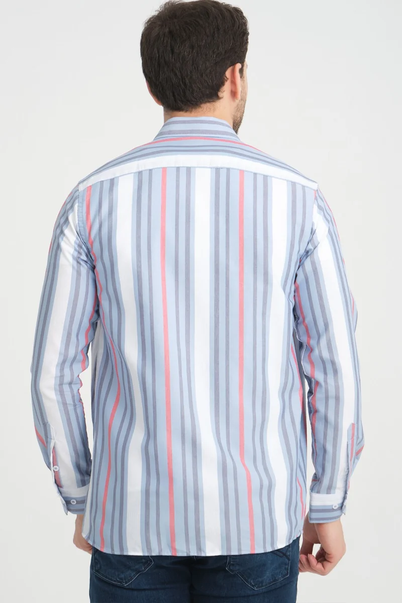 فاريتا Men's Blue White Striped Pocketless Linen Effect Oxford Wide Cut Long Sleeve Shirt