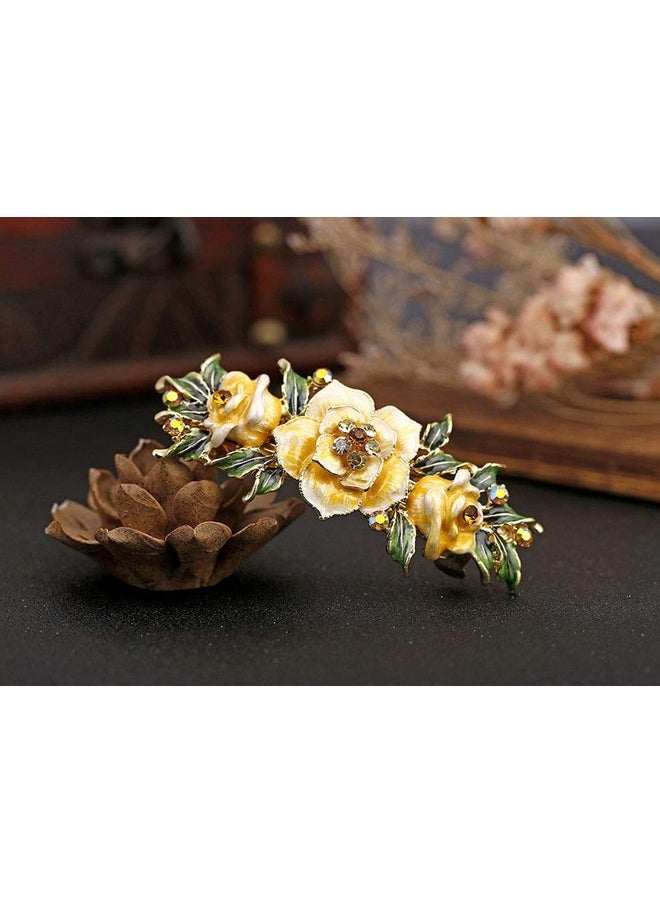 Fodattm Women Lady Vintage Exquisite Flower French Hair Barrette Metal Hairpin Rhinestone Spring Hair Clip Bridal Wedding Crystal Hair Clasps (Yellow)  - Image 2