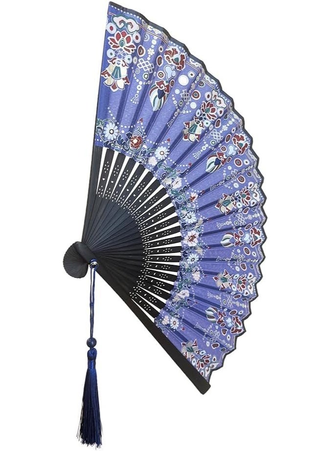 GOLD MANTIS Chinese Folding Hand Fan – Elegant Blue Floral Pattern with Tassel | Traditional Portable Silk Fan for Women | Dance, Party, Gift & Summer Cooling Accessory - Image 3