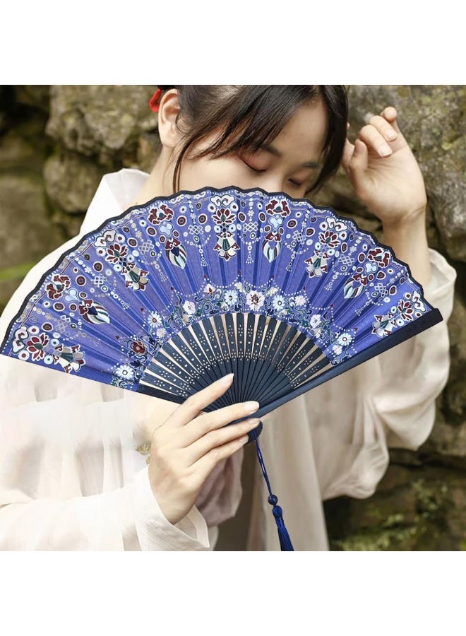 GOLD MANTIS Chinese Folding Hand Fan – Elegant Blue Floral Pattern with Tassel | Traditional Portable Silk Fan for Women | Dance, Party, Gift & Summer Cooling Accessory - Image 2
