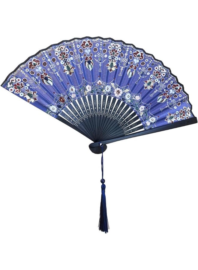 GOLD MANTIS Chinese Folding Hand Fan – Elegant Blue Floral Pattern with Tassel | Traditional Portable Silk Fan for Women | Dance, Party, Gift & Summer Cooling Accessory - Image 1