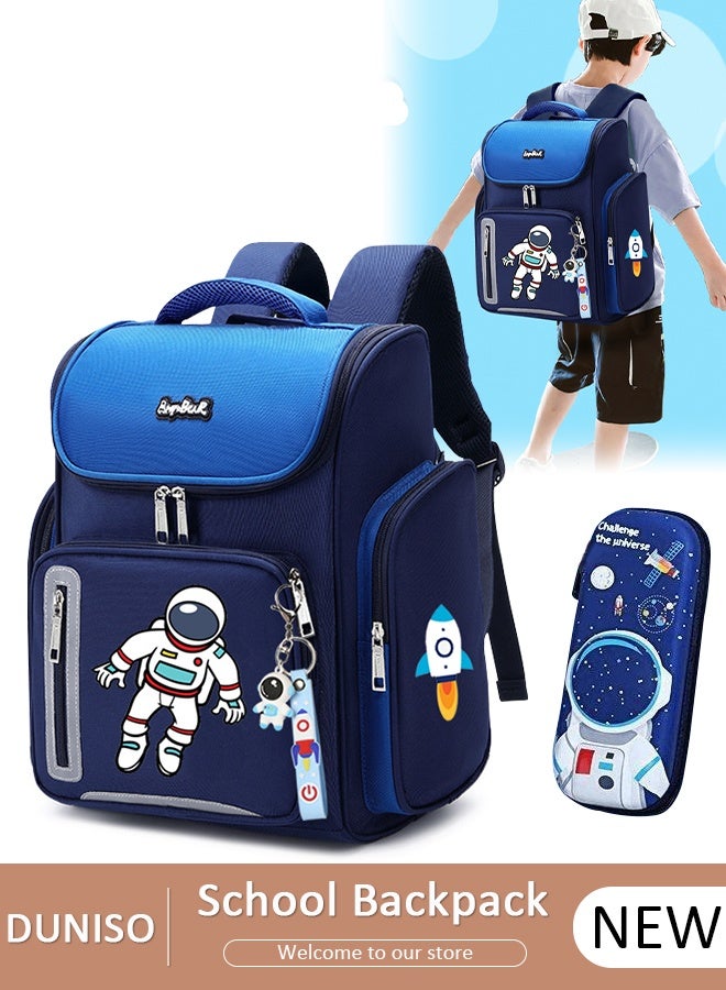 DUNISO حقيبة ظهر مدرسية للأولاد مع مقلمة حقيبة كتب مقاومة للماء مع مقصورات للمراهقين والأطفال الصغار وطلاب المدارس الابتدائية وحقيبة مدرسية للأطفال بسعة كبيرة - Image 1