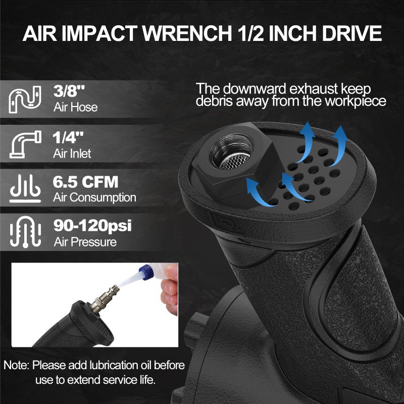 Trivd Frol Air Impact Wrench 1/2" - 1/2 Inch Impact Gun 1/2 Drive, 1500Ft-lbs, 8000RPM High Torque Impact Wrench, Weight 4.74 lb, 1/2 Air Impact Gun for Auto Repair, Tire Shop - Image 5