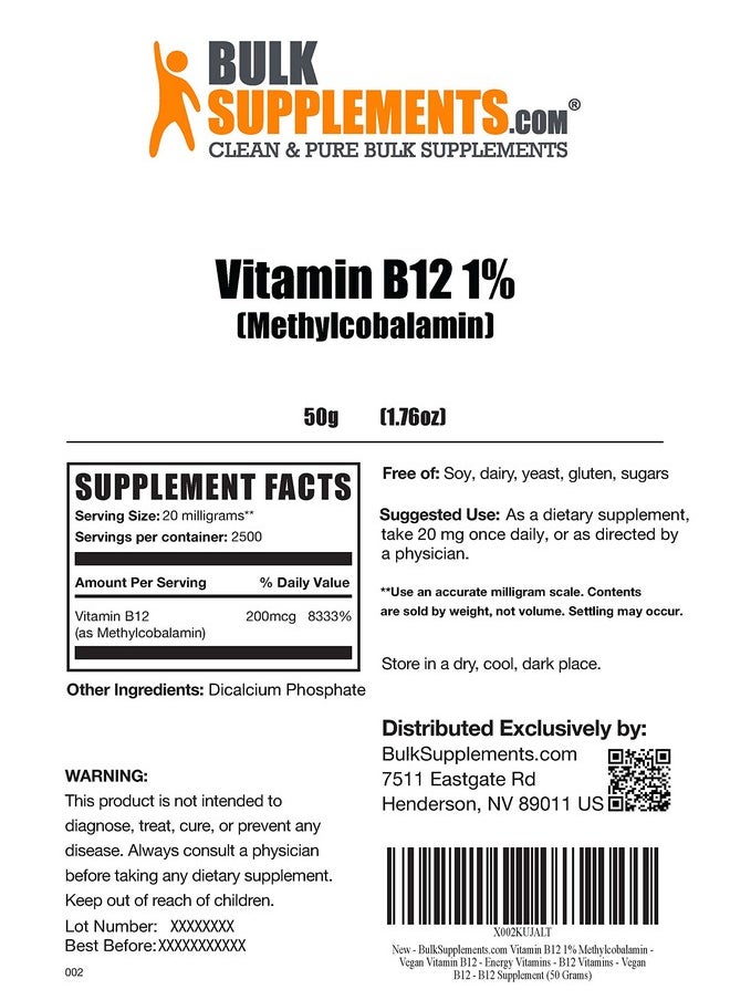 BULKSUPPLEMENTS.COM - Vitamin B12 1% Methylcobalamin Powder Vegan Vitamin B12 Energy Vitamins B12 Vitamins Vegan B12 B12 Supplement (50 Grams 1.8 Oz) - Image 1