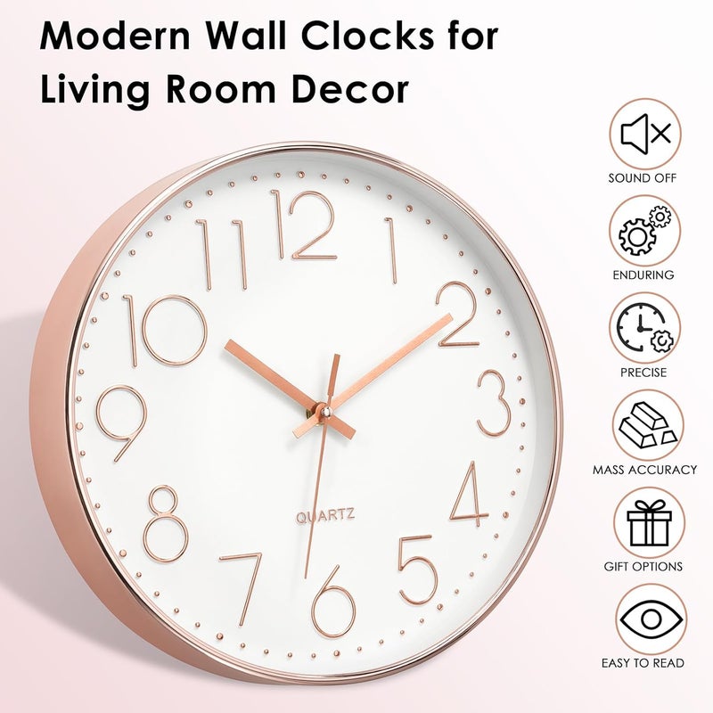 Foxtop Foxtp Wall Clock, Modern Rose Gold Large Number Silent Non-Ticking Clock for Living Room Bedroom Kitchen (12 inch) - Image 4