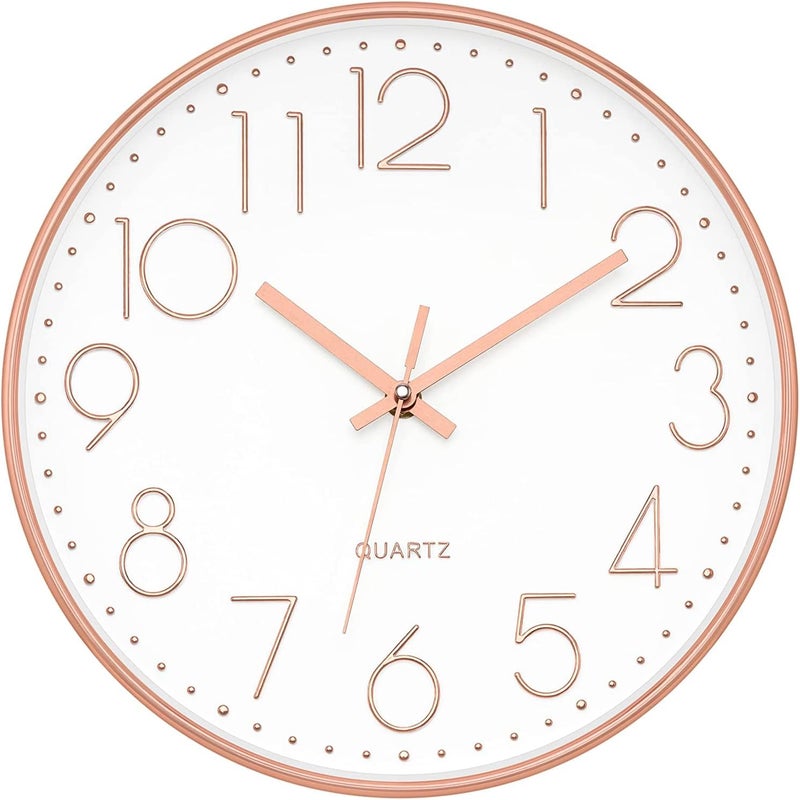Foxtop Foxtp Wall Clock, Modern Rose Gold Large Number Silent Non-Ticking Clock for Living Room Bedroom Kitchen (12 inch) - Image 1
