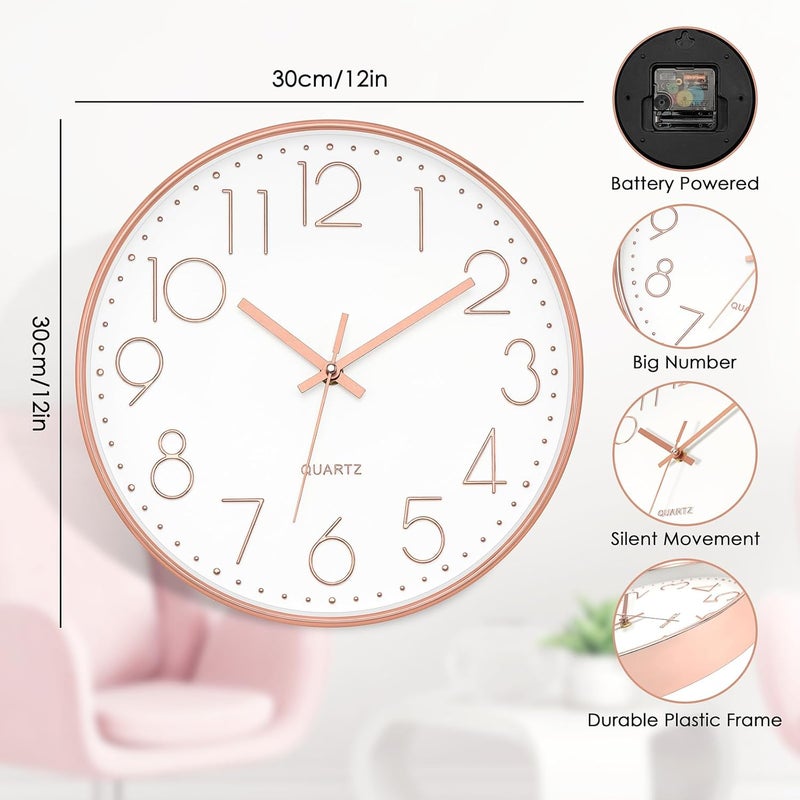 Foxtop Foxtp Wall Clock, Modern Rose Gold Large Number Silent Non-Ticking Clock for Living Room Bedroom Kitchen (12 inch) - Image 5