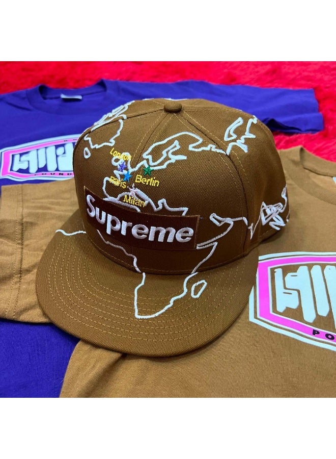 SUPREME قبعة بيسبول مزروعة خريطة العالم العليا، قبعة شوارع بنية، تصميم معلم المدينة قبعة شمسية