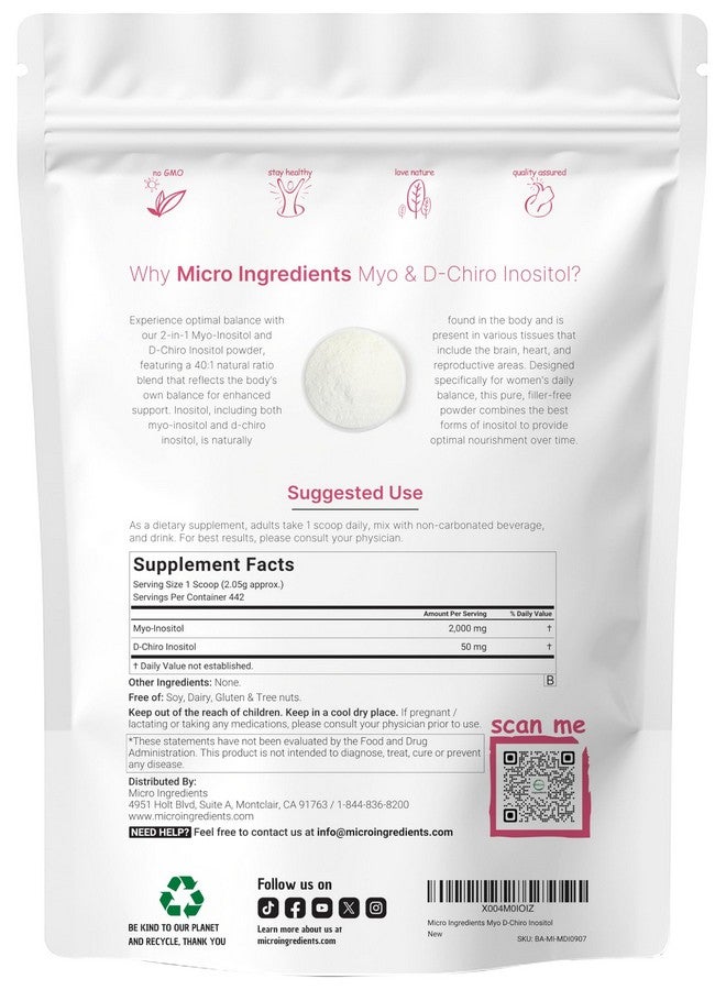 Micro Ingredients Myo-Inositol & D-Chiro Inositol Powder, 2lbs | Inositol Supplement for Women | 40:1 Ideal Ratio | Hormonal Balance & Ovarian Support | Non-GMO | Vegan | Filler-Free | 442 Servings - Image 2