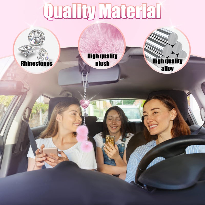 ecocstm Bling Car Hanging Ornament, Bling Car Mirror Accessories for Women, Diamond Heart and Fuzzy Plush Ball, Rear View Mirror Hanging Charm Pendant, Lucky Hanging Accessories (Pink Heart, Pink Fluff) - Image 3