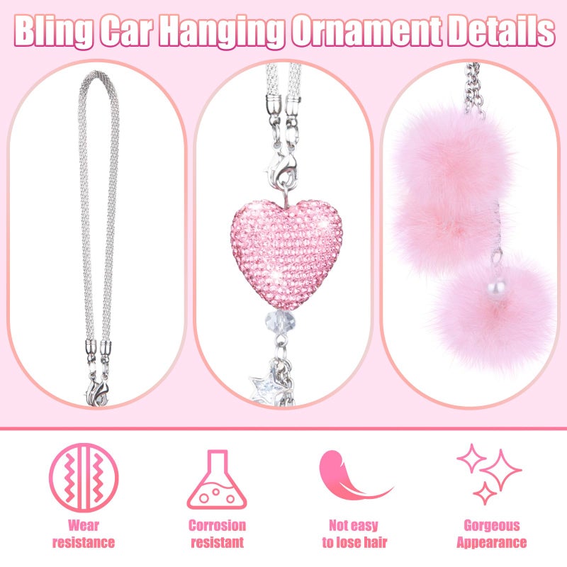 ecocstm Bling Car Hanging Ornament, Bling Car Mirror Accessories for Women, Diamond Heart and Fuzzy Plush Ball, Rear View Mirror Hanging Charm Pendant, Lucky Hanging Accessories (Pink Heart, Pink Fluff) - Image 4