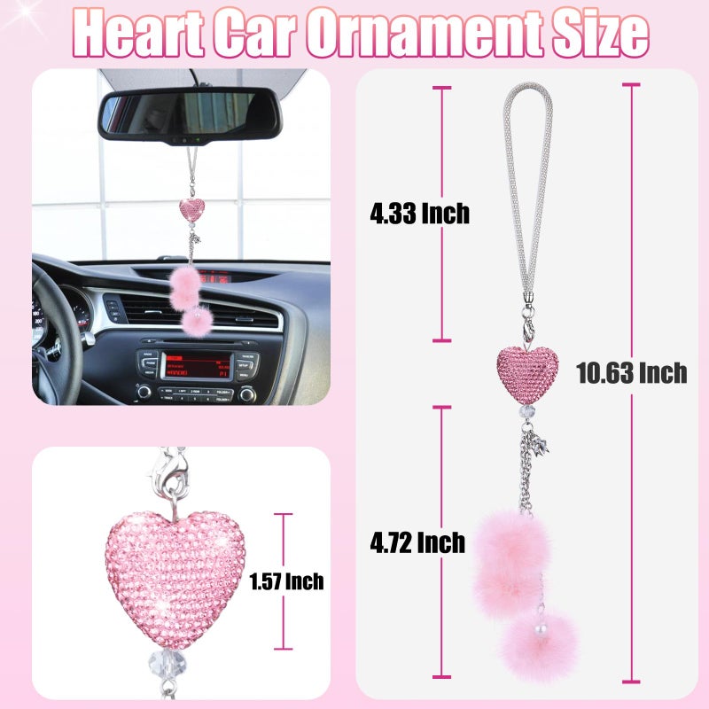 ecocstm Bling Car Hanging Ornament, Bling Car Mirror Accessories for Women, Diamond Heart and Fuzzy Plush Ball, Rear View Mirror Hanging Charm Pendant, Lucky Hanging Accessories (Pink Heart, Pink Fluff) - Image 2