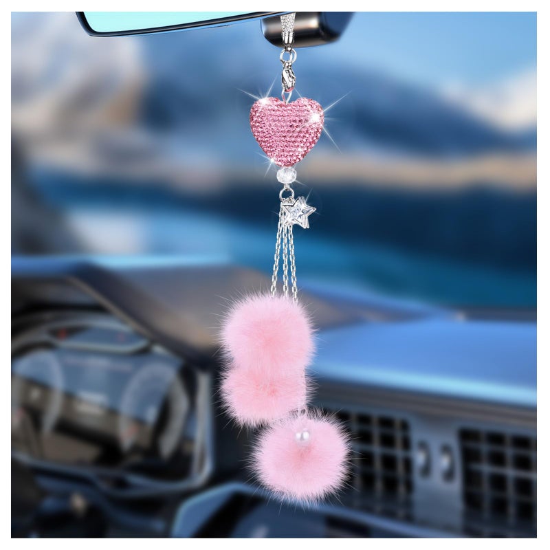 ecocstm Bling Car Hanging Ornament, Bling Car Mirror Accessories for Women, Diamond Heart and Fuzzy Plush Ball, Rear View Mirror Hanging Charm Pendant, Lucky Hanging Accessories (Pink Heart, Pink Fluff) - Image 1