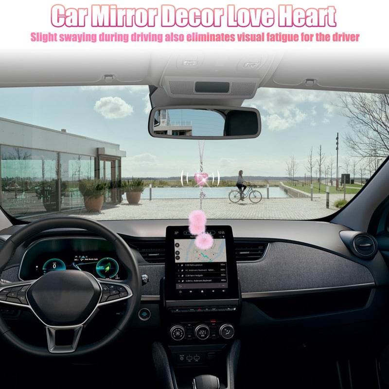ecocstm Bling Car Hanging Ornament, Bling Car Mirror Accessories for Women, Diamond Heart and Fuzzy Plush Ball, Rear View Mirror Hanging Charm Pendant, Lucky Hanging Accessories (Pink Heart, Pink Fluff) - Image 5