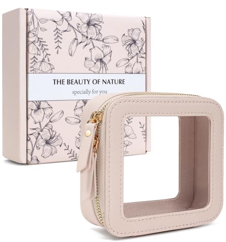 LETGO Clear Makeup Bag for Purse Mini Make up Cute Cosmetic Bag Pouch for Women with Slip-in Pockets Travel Toiletry Essentials Leather Organizer Bags(Beige) - Image 2