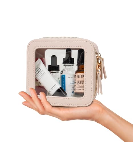 LETGO Clear Makeup Bag for Purse Mini Make up Cute Cosmetic Bag Pouch for Women with Slip-in Pockets Travel Toiletry Essentials Leather Organizer Bags(Beige) - Image 3