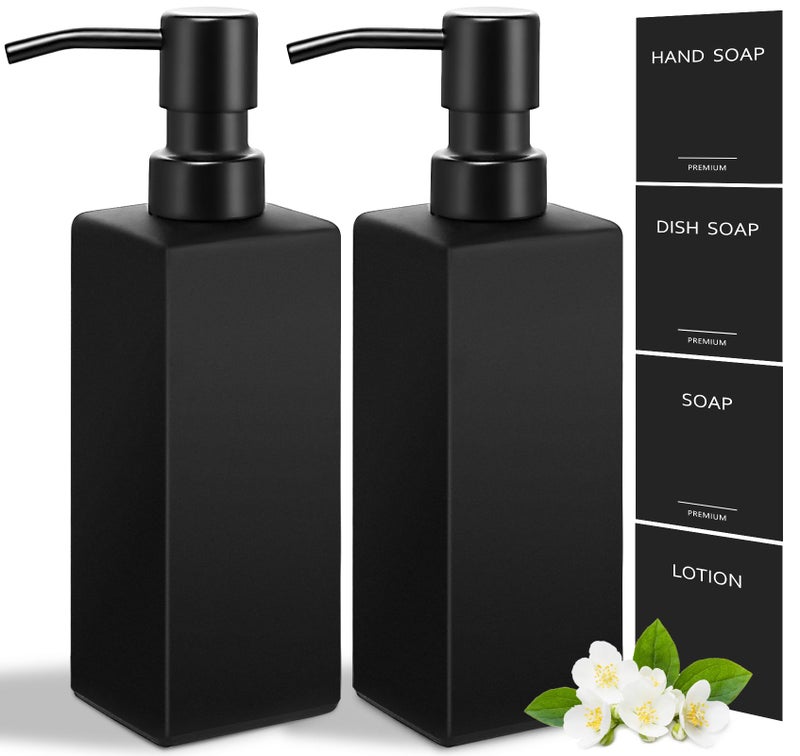GMISUN Black Soap Dispenser, Hand Soap Dispenser Bathroom, 12oz Glass Soap Dispenser with Stainless Steel Pump, Liquid Dish Soap Dispenser for Kitchen, Modern Bathroom/Kitchen Soap Dispenser Set - Image 1