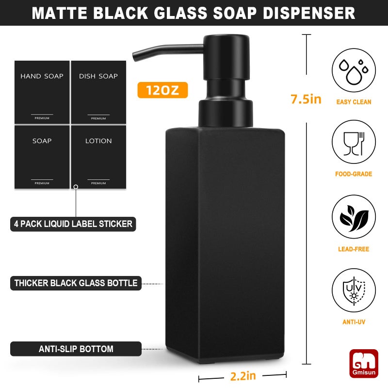 GMISUN Black Soap Dispenser, Hand Soap Dispenser Bathroom, 12oz Glass Soap Dispenser with Stainless Steel Pump, Liquid Dish Soap Dispenser for Kitchen, Modern Bathroom/Kitchen Soap Dispenser Set - Image 2