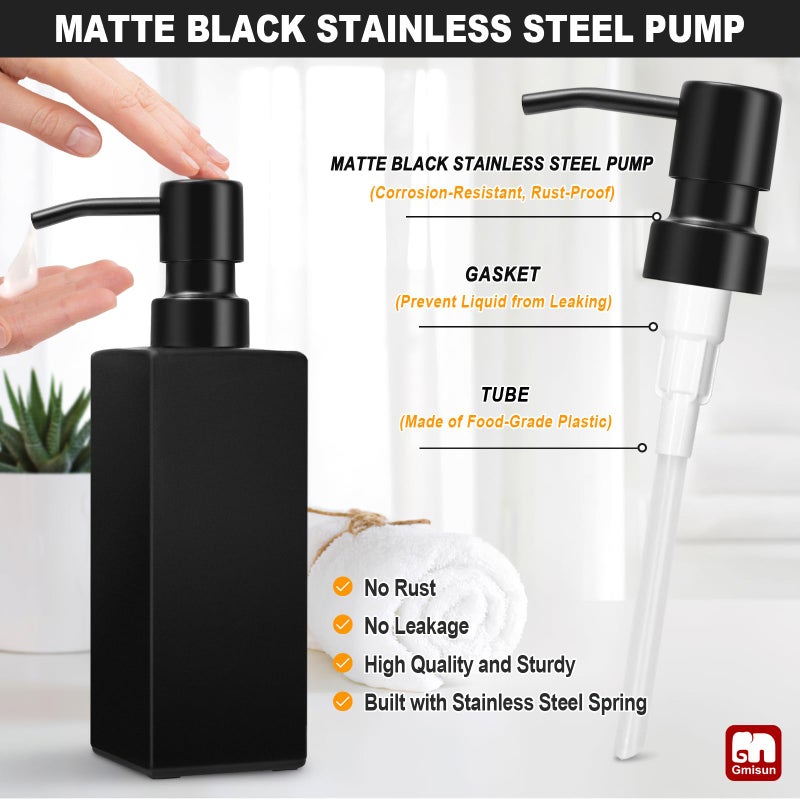 GMISUN Black Soap Dispenser, Hand Soap Dispenser Bathroom, 12oz Glass Soap Dispenser with Stainless Steel Pump, Liquid Dish Soap Dispenser for Kitchen, Modern Bathroom/Kitchen Soap Dispenser Set - Image 3