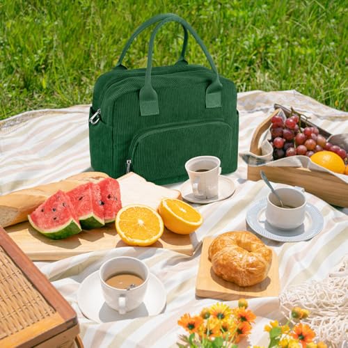 FITDON Insulated Lunch Bag for Women Men, Large Lunch Box Container Leakproof Corduroy Cooler Bag Lunch Tote Bag for Work Picnic, Green - Image 2