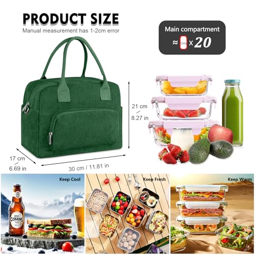 FITDON Insulated Lunch Bag for Women Men, Large Lunch Box Container Leakproof Corduroy Cooler Bag Lunch Tote Bag for Work Picnic, Green - Image 5