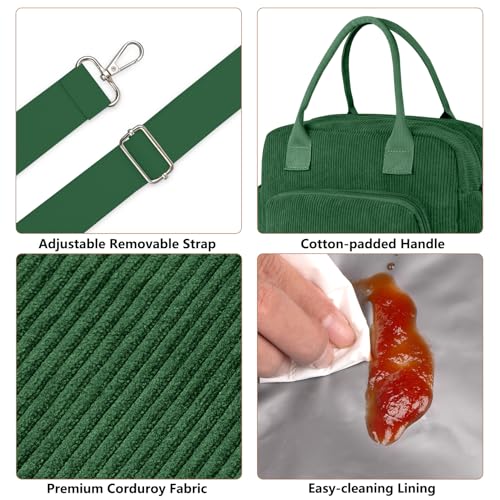 FITDON Insulated Lunch Bag for Women Men, Large Lunch Box Container Leakproof Corduroy Cooler Bag Lunch Tote Bag for Work Picnic, Green - Image 3