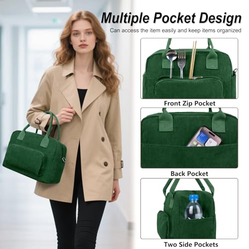 FITDON Insulated Lunch Bag for Women Men, Large Lunch Box Container Leakproof Corduroy Cooler Bag Lunch Tote Bag for Work Picnic, Green - Image 4