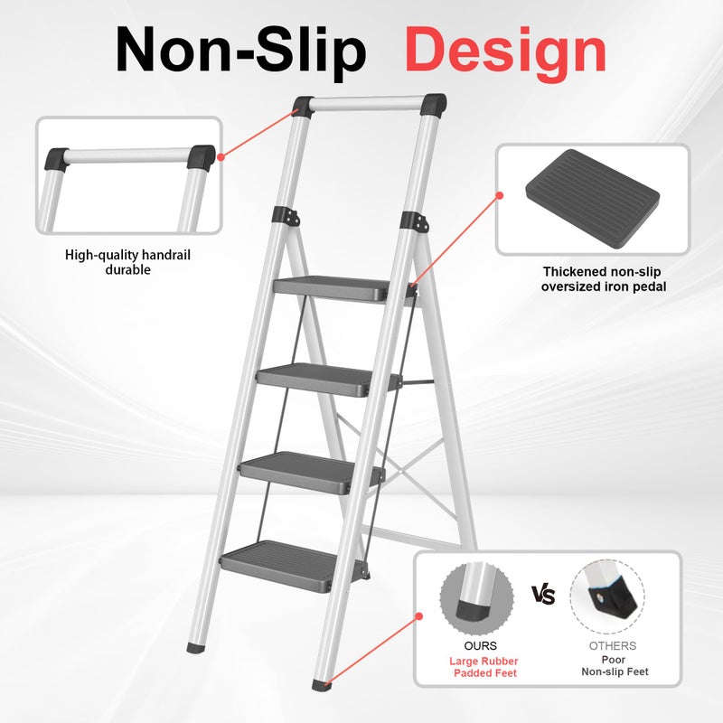 DIAMONDFORGE 4 Step Ladder, DIAMONDFORGE Folding Step Stool with Wide Anti-Slip Pedal, Anti-Slip Feet and Handgrip, Sturdiest Steel Construction, Steel Ladder for Home, Black Grey - Image 3