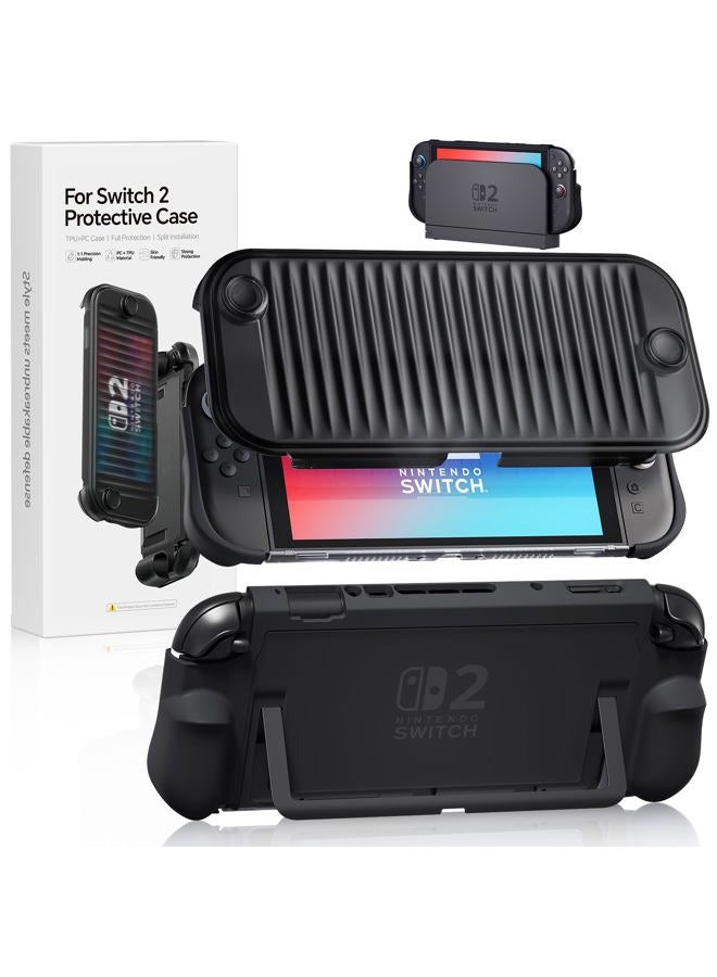 Dockable Case for Nintendo Switch 2 2025, Hard PC Front Cover + Clear Matte Hard Back Shell with Soft TPU Ergonomic Grip, Supports Stand Use and Charging Dock for Switch 2 -Black