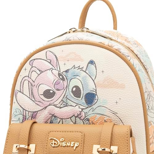 Wondapop - Stitch and Angel Hug It Out 11"" Vegan Leather Fashion Mini Backpack, Brown - Image 2