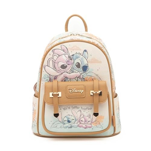 Wondapop - Stitch and Angel Hug It Out 11"" Vegan Leather Fashion Mini Backpack, Brown - Image 1